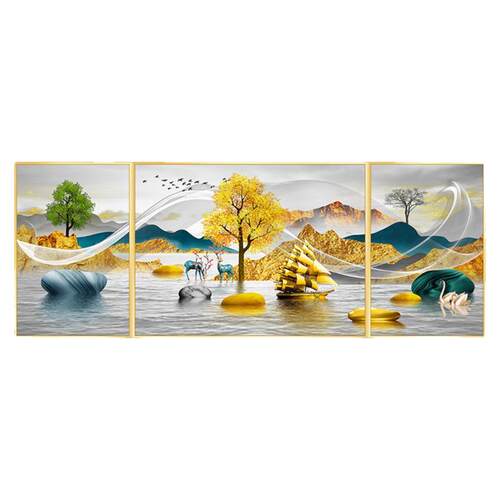 客厅装饰画沙发背景墙三联画轻奢自粘墙贴画现代中式山水贴纸壁画