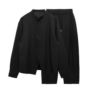 原创潮牌暗黑系山本风复古纯色华夫格设计感上衣休闲套装男秋冬装