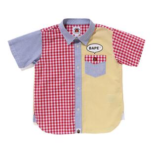 BAPE童装25年春夏卡通小猴BABY MILO格纹拼接短袖衬衫004323O