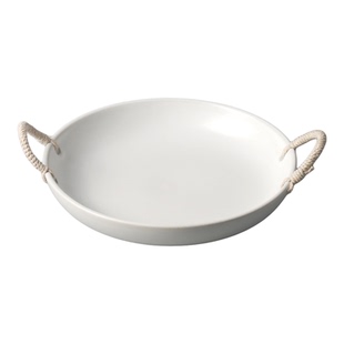 创意餐厅简约陶瓷双耳盘白色家用餐盘质感编织手柄圆形盘子复古风