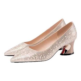 婧娗妈妈鞋喜婆婆珍珠水钻粗跟单鞋女尖头春秋款婚鞋配旗袍女鞋子