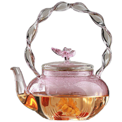 蝴蝶玻璃粉色花茶壶水果茶提梁壶