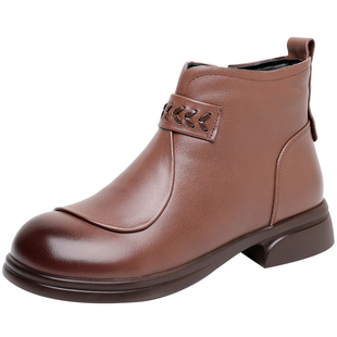 圆头真皮短靴女妈妈鞋冬新款舒适软底马丁靴加绒棉鞋雪地鞋子女鞋