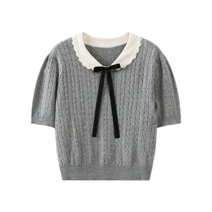 西町村屋学院风蝴蝶结针织衫女2026夏新款休闲短袖上衣XABA10364
