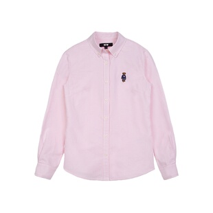 RTW春衬衫女美式小熊粉色竖条纹长袖衬衣蓝色牛津布修身外套上衣