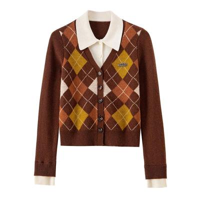 BANANACICI菱格polo领针织开衫