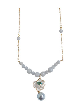 《薄荷曼波》原创春夏清新蓝色珍珠花朵吊坠轻奢小众锁骨链项链女