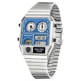 三达热销品牌男士手表方形钢带电子腕表测温度秒表计时多功能双显