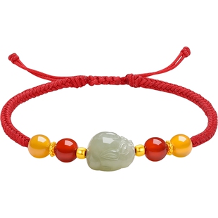 周六福5D硬金和田玉手绳金镶玉红绳本命年送女友新年礼物