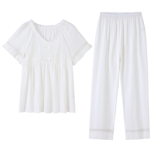 睡衣女夏季莫代尔棉绸短袖长裤女款夏天夏款薄款白色高级感家居服