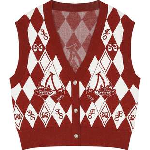 妖精的口袋格纹提花针织马甲女2025年冬新款叠穿新年战袍红色上衣