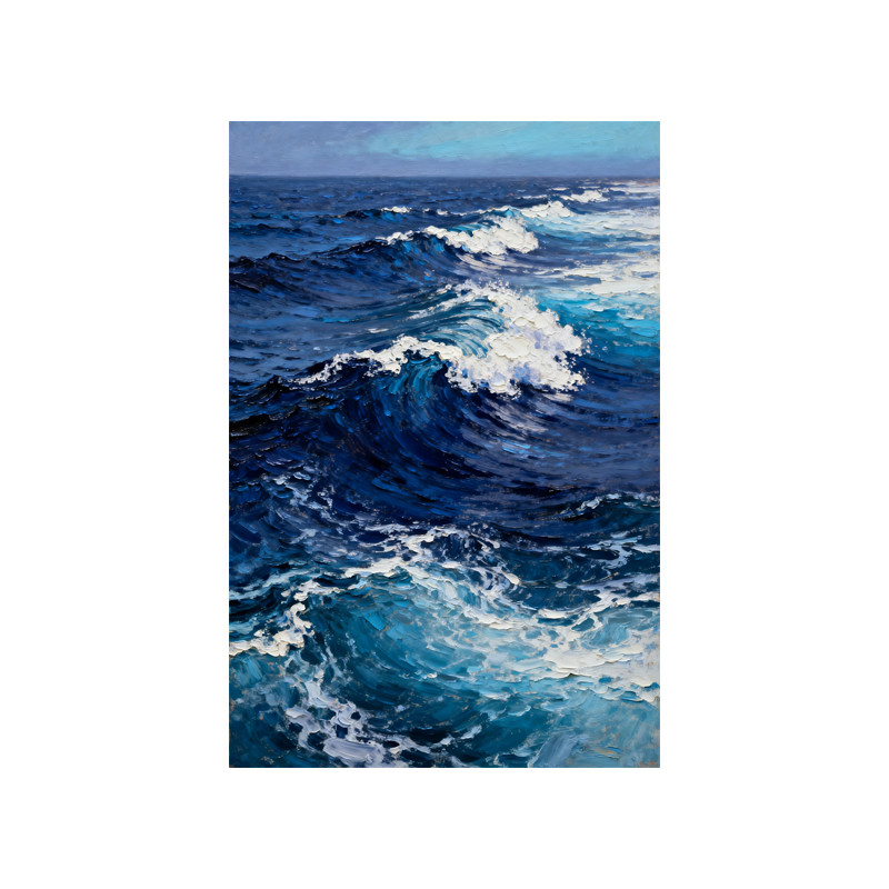 手绘油画竖版海浪海景玄关装饰画