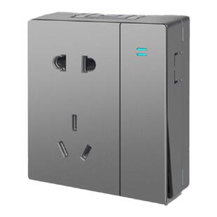 国际电工86型灰色一开五孔明装插座带开关 明线盒一体超薄扁平5孔