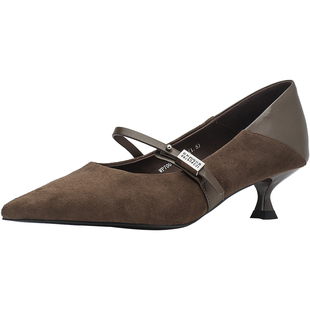 CDF女鞋轻奢秋季法式百搭真皮法式时装鞋浅口拼接英伦尖头通勤鞋