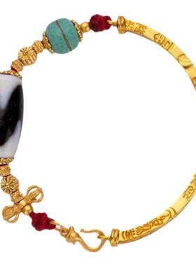 「虎牙天珠半镯手链」古法金饰品