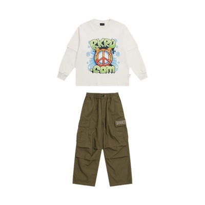 ROCKYROAD童装hiphop街舞潮服嘻哈复古印花长袖工装裤演出套装