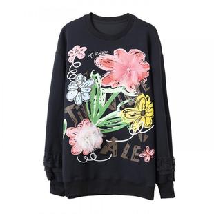 宝诗黎中长款钉钻印花卫衣2026春季慵懒宽松大码休闲棉质上衣女