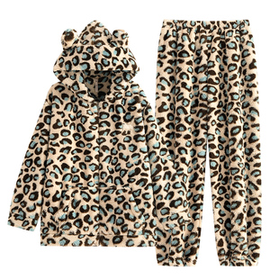 悦内睡衣女士冬季冬天法兰绒加厚加绒珊瑚绒毛绒家居服豹纹可外穿