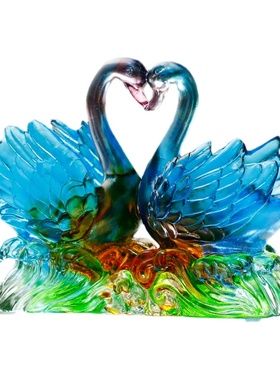 琉璃玻璃水晶天鹅摆件一对工艺品