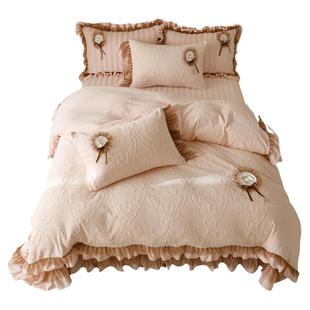法式复古牛奶绒立体花四件套冬季珊瑚毛绒被套公主风轻奢床盖床品