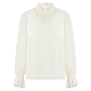 La Koradior拉珂蒂春季新款法式钉珠衬衫纯色气质花边领长袖上衣