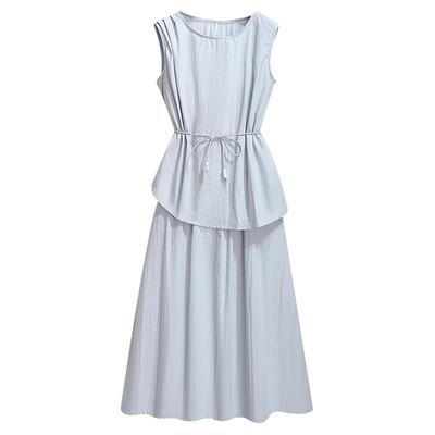 蓝色无袖背心上衣a字半身伞裙女