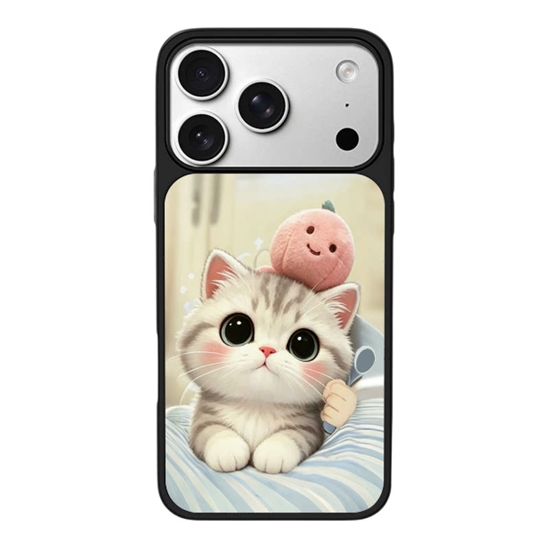 浅暖条纹床品头顶桃子玩偶小猫适用于苹果17promax新款手机壳iPhone air/16pro/15plus14玻璃13pro手机套冰感