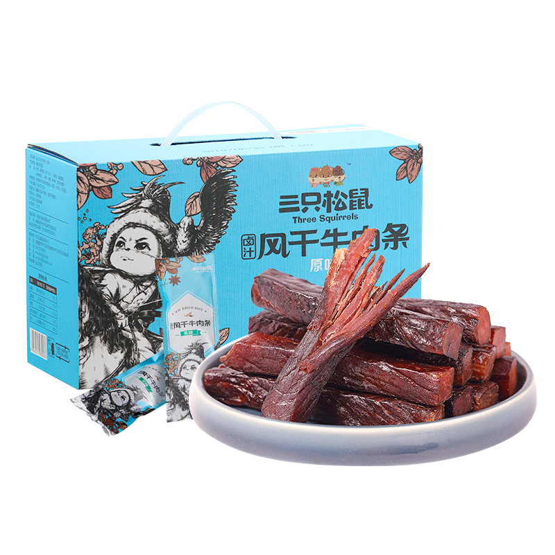 【三只松鼠_风干牛肉条500g/箱】肉脯