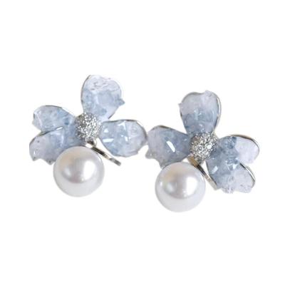 渐变蓝色仙气水晶花朵珍珠耳环