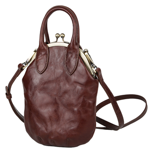 漫色复古植鞣头层牛皮口金夹子包女真皮手机包时尚手提单肩斜挎包