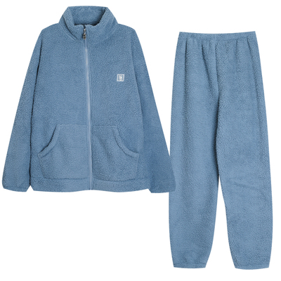 红豆秋冬男女加绒加厚仿羊羔绒运动休闲拉链开衫情侣睡衣可外穿套