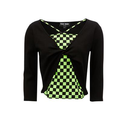 tq区绫致Vero Moda上衣女秋冬新格纹拼接打结七分袖假两件时尚