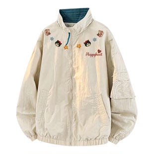 查尔斯桃心小猫印花立领飞行夹克男女春上新百搭宽松潮牌工装外套