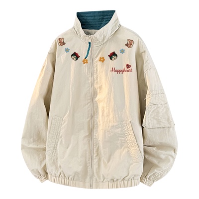 查尔斯桃心小猫印花立领飞行夹克男女春上新百搭宽松潮牌工装外套