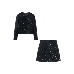 艾诺丝尚忆2025冬季小香风亮片外套半身裙套装黑色千金两件套1317