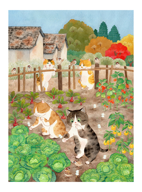 国潮艺术家花生仁【秋分】限量版画治愈可爱猫画儿童装饰带装裱