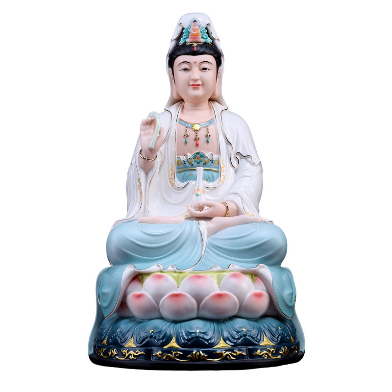 戴玉堂陶瓷《坐莲观音 兰衣彩》家用佛像供奉摆件工艺品家居饰品