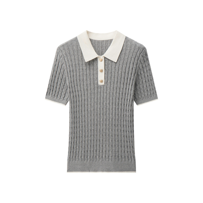 真丝长绒棉绞花翻领MIU风短袖