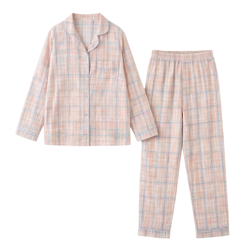 韩版格子睡衣女夏季长袖开衫翻领可外穿家居服套装日系爱ins风