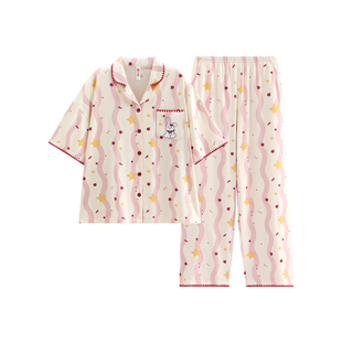 芬腾短袖长裤夏季纯棉睡衣女甜美条纹全棉休闲舒适开衫家居服套装