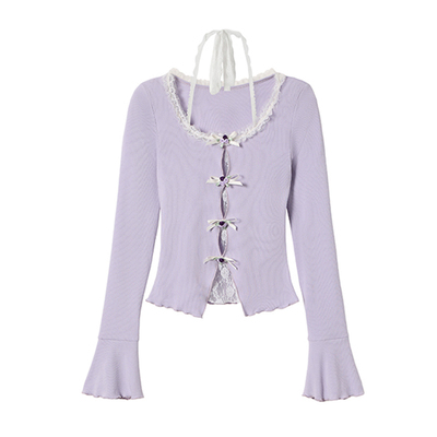 织物猪 紫藤之恋 蕾丝花边假两件上衣女秋季紫色长袖针织打底衫