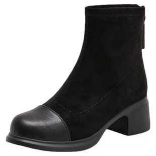 星期六高跟切尔西靴女靴2025新款粗跟黑色复古短靴百搭中筒瘦瘦靴