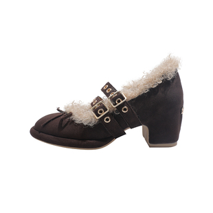 真皮~骄屿芭蕾毛毛玛丽珍鞋女2025秋冬新款粗跟带蝴蝶结加绒单鞋