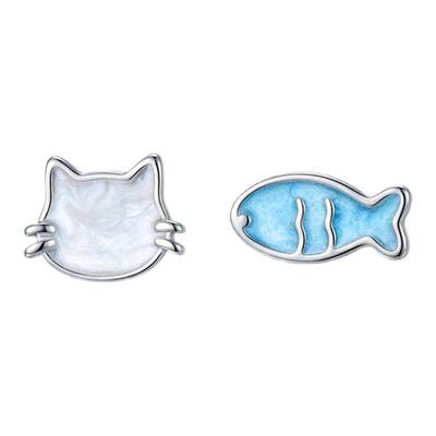 999纯银针猫与鱼耳钉甜美可爱