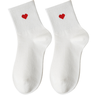 爱心袜子女春秋纯棉白色中筒袜无骨可爱日系学生运动防臭吸汗长袜