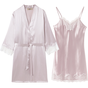 美标新款重磅真丝单睡袍女春秋蕾丝睡衣晨袍100%桑蚕丝绸家居服夏