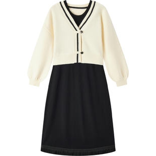 爱居兔新中式复古连衣裙套装春秋新款针织开衫两件套裙子