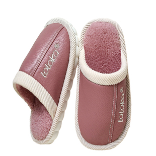 路路佳防水棉拖鞋女款2026新款冬季居家室内皮面防滑保暖加厚毛绒