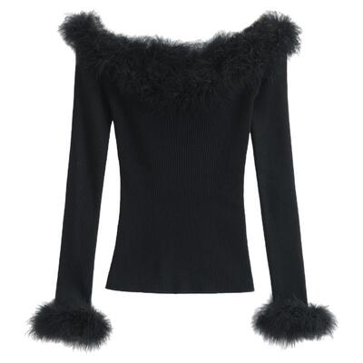 怪力酱一字肩毛边针织衫