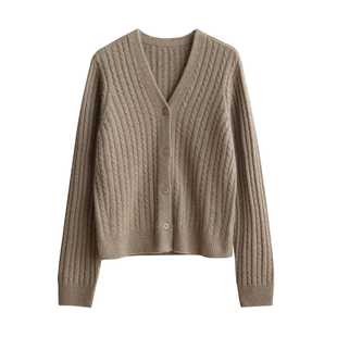 山羊绒 26支双股 无缝一体女士开衫毛衣 V领麻花针织衫 冬款 女装